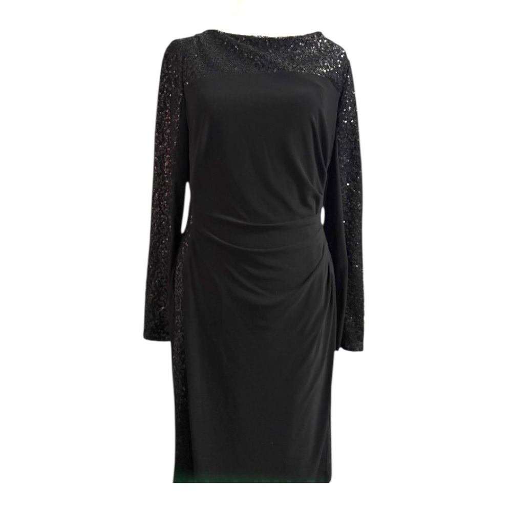 American Living Black Sequin Sleeve Cocktail Dress Size 10 Midi LBD